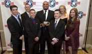 Military Child of the Year Award recipients stand with former professional athlete Jason Brown, center, before the award ceremony April 16, 2015 in Arlington, Va. From left are Zach Parsons, Caleb Parsons, Christopher-Raul Rodriguez, Brown, Cavan McIntyre-Brewer, Emily Kliewer, and Sarah Hesterman. DoD photo by EJ Hersom