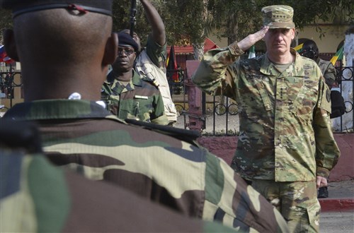 U.S. Army Gen. David Rodriguez, commander of U.S. Africa Command, salutes a formation of Senegalese Soldiers during the closing ceremony for Flintlock 2016 in St. Louis, Senegal, Feb. 29, 2016. Flintlock, sponsored by U.S. Africa Command, is an annual exercise designed to increase interoperability among multinational Special Operations Forces. (Photo by U.S. Army Staff Sgt. Christopher Klutts, U.S. Africa Command)