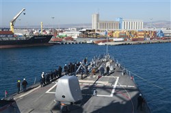 LIMASSOL, Cyprus -- Sailors stand on the foc'sle of the Arleigh Burke-class guided-missile destroyer USS Stout (DDG 55), as the ship prepares to pull into Limassol for Christmas. Stout, homeported in Norfolk, Va., is on a scheduled deployment supporting maritime security operations and theater security cooperation efforts in the U.S. 6th Fleet area of responsibility.