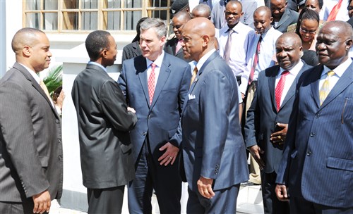 DAR ES SALAAM, Tanzania, 15 May 2013 – Upon conclusion of the official plan delivery ceremony, U.S. Africa Command Disaster Preparedness Program official Michael Hryschyshyn, Chief of Health and Humanitarian Affairs, thanks Shamsi Vuai Nahodha, Minister of Defence and National Service, for the Government of the United Republic of Tanzania’s continued support in a partnership to build disaster preparedness capacity and capability. (Government of Tanzania Photo)