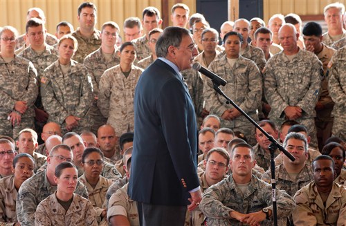 CAMP LEMONNIER, Djibouti (Dec. 13, 2011) - The Honorable Leon Panetta, U.S. Secretary of Defense, addresses service members stationed at Camp Lemonnier, Djibouti, December 13.  While talking about budget cut issues affecting the Department of Defense, Panetta said he will strive to make necessary cuts in a balanced way to preserve the integrity of the military. (U.S. Air Force photo by Staff Sergeant Marc I. Lane)