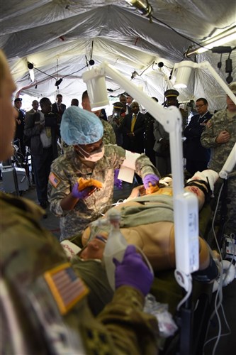 African Partnership Flights Surgeon General Symposium attendees watch a field care condition demonstration at Ramstein Air Base, Germany, Aug. 25, 2015. This event focused on strengthening U.S. strategic partnerships with leading nations in Africa to enhance regional cooperation and interoperability. (U.S. Air Force photo by Master Sgt. Charlene M. Spade/released) 