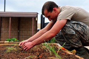 Service member plants seeds in a garden