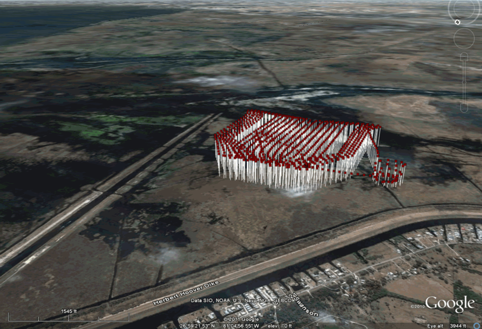 Each of the pinpoints in the image below represents the location of a geo-referenced photograph taken by the UAV during its flight. Each of these photos can be "mosaic-ed" into a large, high resolution image of the area during post-processing of the data.