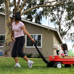 Woman pulling child and dog in wagon in yard