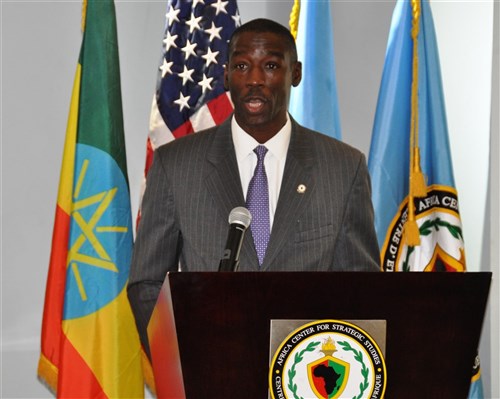 Dr. Raymond Gilpin, Dean of Academics at the Africa Center for Strategic Studies, addresses participants at the Africa Logistics Capacity Development Seminar, Addis Ababa, Ethiopia, April 27, 2014.  