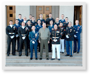 Pentagon Tour Guide Group photo with Sergeant Major of the Marine Corps, Sergeant Major Carlton W. Kent on the River Entrance steps of the Pentagon, March 2008.