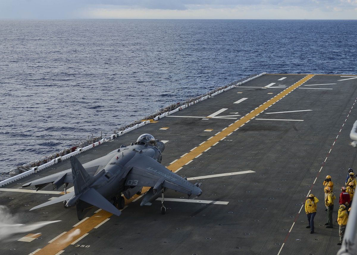 ATLANTIC OCEAN (Aug. 3, 2016) An A/V-8B Harrier II attached to Marine Attack Squadron 223 (VMA 223) prepares to take off from the flight deck of amphibious assault ship USS Iwo Jima (LHD 7). Iwo Jima is underway in support of exercise Bold Alligator 2016. U.S. Navy photo by Mass Communication Specialist 2nd Class Andrew Murray/Released 