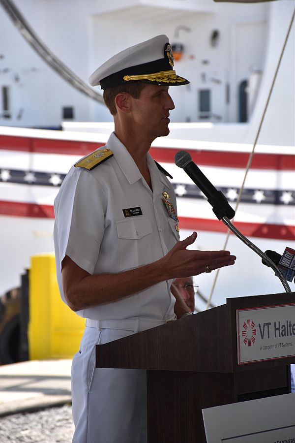 PASCAGOULA, Miss. (May 31, 2016) Rear Adm. Timothy Gallaudet, commander of the Naval Meteorology and Oceanography Command and Oceanographer and Navigator of the Navy, speaks at the Celebration of Partnership of USNS Maury (T-AGS 66), the Navy's newest oceanographic survey ship, at the VT Halter Marine shipyard. Maury, the last of the T-AGS 60 Class, will deploy to collect oceanographic data for use by the Navy. The Naval Oceanographic Office, an operational subordinate of the Naval Meteorology and Oceanography Command, will operate the ship. Photo courtesy of U.S. Navy.