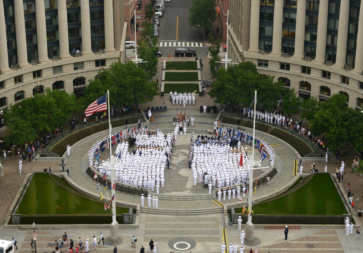 WASHINGTON (June 3, 2016) U.S. Navy Sailors create a 'sea of white' to greet visitors to the Navy Memorial in Washington, D.C., during the 74th commemoration anniversary of the Battle of Midway. The celebration was held to host Midway veterans, Sailors, Marines and Coast Guard service members, along with a crowd of onlookers. The Battle of Midway is considered by many to be the turning point of World War II in the Pacific Theater of Operations and is celebrated as one of the most well-known victories in U.S. naval history. U.S. Navy photo by Mass Communication Specialist 1st Class Clifford L. H. Davis 