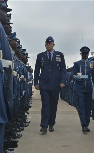 Gen. Frank Gorenc, U.S. Air Forces in Europe and Air Forces Africa commander, reviews the Ghanaian air force guard of honor, Aug. 20, 2013, Accra, Ghana. The Ghanaian air force opened the 2013 Regional Air Chiefs Symposium with a traditional troop guard ceremony to honor the senior ranking officer in attendance. (U.S. Air Force photo by Airman 1st Class Jordan Castelan)