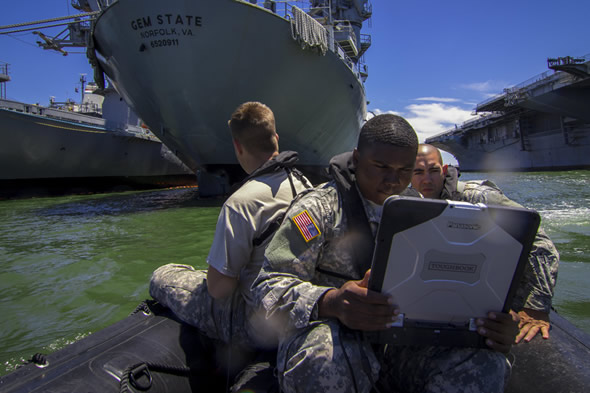 LOTS West Soldiers scan the seafloor for obstructions and take depth measurements to ensure ships can safely maneuver in the waters near the port in Alameda, Calif.