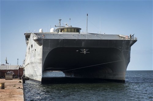 150406-N-EC444-029 PORT GENTILE, Gabon (April 6, 2015) The Military Sealift Command’s joint high-speed vessel USNS Spearhead (JHSV 1) moored in Port Gentile, Gabon April 6, 2015. Spearhead is on a scheduled deployment to the U.S. 6th Fleet area of operations in support of the international collaborative capacity-building program Africa Partnership Station. (U.S. Navy photo by Lt. Sonny Lorrius/Released)