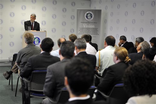 PRETORIA, South Africa - U.S. Africa Command's civilian deputy, Ambassador J. Anthony Holmes, explains U.S. AFRICOM during a speech October 28, 2011, at the Institute for Security Studies in Pretoria, South Africa. Holmes discussed controversies related to the command as well as the U.S. military's areas of focus in working with African nations. (U.S. Africa Command photo by Vince Crawley)