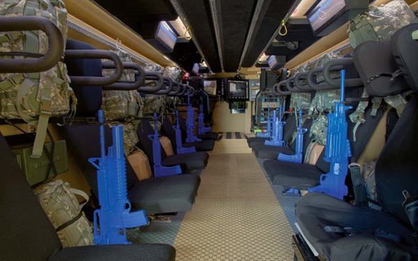 The CAMEL Demonstrator’s crew compartment significantly increases soldier protection through technologies such as reconfigured seats, easy-to-reach safety harnesses, 360-degree situational awareness, a decoupled floor and dedicated spaces for gear and ammunition storage. Army TARDEC photo 