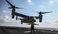 A Marine Corps MV-22B Osprey tiltrotor aircraft with Marine Medium Tiltrotor Squadron 262, 31st Marine Expeditionary Unit, takes off during flight operations aboard the USS Bonhomme Richard. 