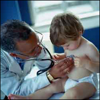 Doctor listens to child's heartbeat