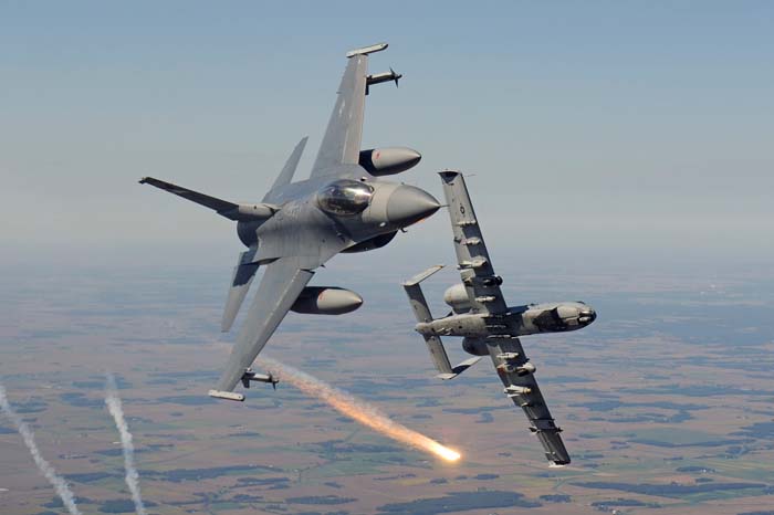 F-16 and A-10 firing in flight