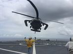 A UH-60L Black Hawk helicopter assigned to Joint Task Force-Bravo’s 1st Aviation Regiment, 228th Battalion from Soto Cano Air Base, Republic of Honduras, conducts a deck landing take off from USNS Spearhead in the Gulf of Panama during UNITAS 16, Sept. 21, 2016. The 1-228th AVN provided ship-to-shore airlift as well as medical evacuation and search and rescue support for the exercise, which is an annual multi-national exercise that focuses on strengthening existing regional partnerships between the U.S. and Central and South American partner nations and encourages establishing new relationships through the exchange of maritime mission-focused knowledge and expertise throughout the exercise.  (U.S. Army photo by Lt. Col. Richard Tucker)