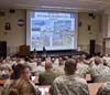 Soldiers sitting in classroom watching training video