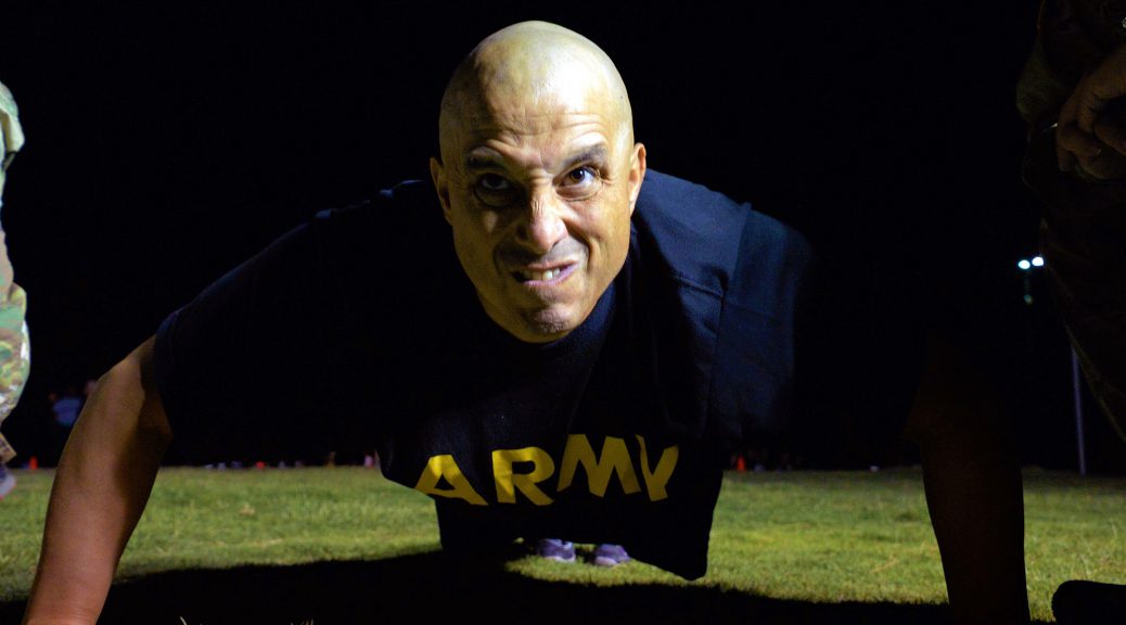 A student in the Sergeants Major Course at the U.S. Army Sergeants Major Academy performs push-ups Aug. 25 during an Army Physical Fitness Test on Biggs Park at Fort Bliss, Texas.