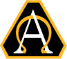 The ASA(ALT) logo is set in a black triangle with a gold bordered. The points of the triangle a cut giving it three short sides, one at the top and two at the bottom. Inside the triangle is a white letter “A”  and passing through the letter ”A” is a gold Omega