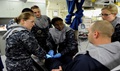 NEWPORT NEWS, Va. (Apr. 14, 2016) -- During a General Quarters training exercise, Sailors assigned to Pre-Commissioning Unit Gerald R. Ford's (CVN 78) medical response team, simulates care and treatment for common injuries. This ship-wide general quarters drill focused on damage control and emergency responses and is a significant step in certifying the crew as they train to fight and take delivery of the ship.(U.S. Navy photo taken by Mass Communication Specialist 3rd Class Matthew R. Fairchild/Released)
