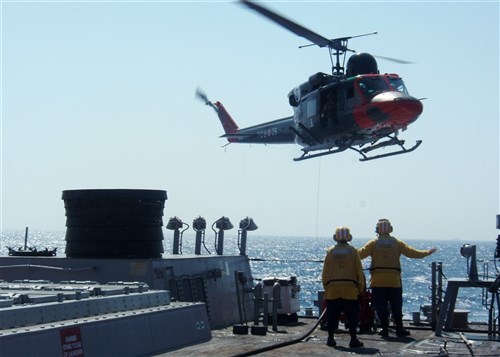 USS STOUT, At sea &mdash; USS Stout (DDG 55) sailors help direct a Turkish helicopter Aug. 19 during a vertical replenishment for exercise Reliant Mermaid 2009. The annual exercise between forces from Israel, Turkey and the U.S. is based on scripted humanitarian search and rescue scenarios and designed to enhance maritime interoperability between participating nations. (Department of Defense photo by Navy  Lt. j.g. Nate Curtis)