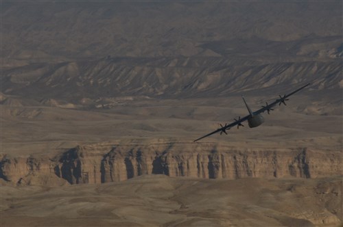 A C-130J Hercules flies a training sortie above the Negev desert in Israel Feb. 4, 2013. The 86th Airlift Wing conducted a flying training deployment with the Israeli air force in order to strengthen partnerships and maintain readiness for contingency operations. 
