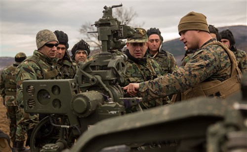 U.S. Marines with the Combined Arms Company, Black Sea Rotational Force familiarize Bulgarian Soldiers with the M-777 Howitzer artillery cannon during Platinum Lion 16-2 at Novo Selo Training Area, Bulgaria, Jan. 7, 2016. Exercise Platinum Lion increases readiness and demonstrates our collective ability to operate as a single force committed to protecting the sovereignty of NATO allies and other European partners. (U.S. Marine Corps Photo by Cpl. Justin T. Updegraff/ Released)