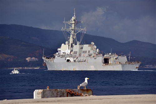 SOUDA BAY, Greece (March 6, 2014) The guided-missile destroyer USS Truxtun (DDG 103) departs the Marathi NATO pier facility following a scheduled port visit to the Greek island of Crete. Truxtun is deployed in support of maritime security operations and theater security cooperation efforts in the U.S. 6th Fleet area of responsibility. (U.S. Navy photo by Paul Farley/Released) 