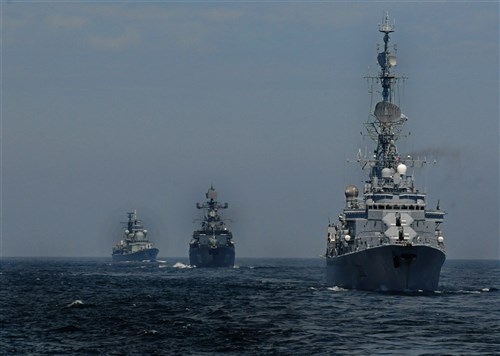 BALTIC SEA - French naval vessel De Grasse (D612), right, Russian naval vessel Yaroslav Mudriy (727), center, and British naval vessel HMS York (90), left, sail in formation prior to a live-fire weapons exercise in support of the multinational training exercise FRUKUS 2012. FRUKUS is an annual exercise aimed at improving maritime security through an open dialogue and increased training between the navies of France, Russia, United Kingdom and United States. 