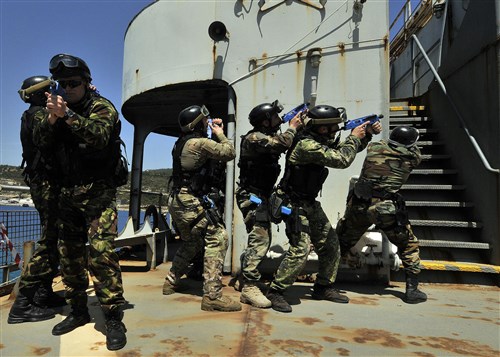 Multinational
military personnel representing five countries practice ship boarding and
search techniques during training at the NATO Maritime Interdiction
Operation Training Center (NMIOTC). Personnel from Georgia, Ukraine,
Azerbaijan, Bulgaria, and Romania are taking part in the U.S. Navy sponsored
training designed to build maritime interoperability and promote enhanced
theater security cooperation.
