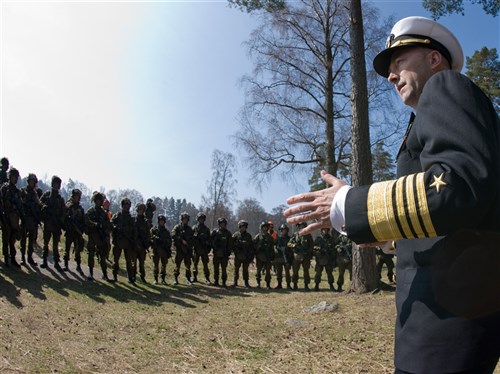 HELSINKI, Finland &mdash; Supreme Allied Commander Europe Navy Adm. James G. Stavridis addresses conscript soldiers of the Finnish army after a live-fire demonstration in Helsinki May 12. (Deparment of Defense photo)