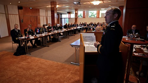 Canadian Army Major Patrick Hovis briefs the Arctic Security Roundtable about communications issues military forces may encouter while coordinating a mission in the Arctic. 