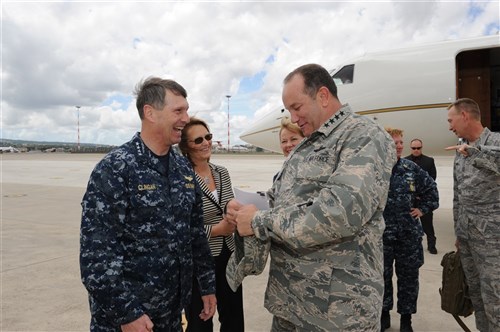 Gen. Philip M. Breedlove, commander, U.S. European Command and NATO Supreme Allied Commander Europe (SACEUR), right, is greeted by Adm. Bruce W. Clingan, commander, U.S. Naval Forces Europe-Africa and commander, Allied Joint Force Command Naples during his visit to Naval Support Activity Naples. This was Gen. Breedlove's first visit to Naples in his new role.
