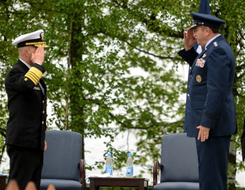 STUTTGART, Germany - U.S. European Command held a change of command ceremony on Patch Barracks's Washington Square, May 10. Air Force Gen. Philip Breedlove assumed command of EUCOM from retiring Adm. James Stavridis who assumes the post of Dean at the Fletcher School of Law and Diplomacy at Tufts University, Mass., on July 1.