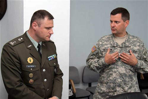 ZVOLEN, Slovakia &mdash; Army Command Sgt. Maj. Elwood J. Graham, right, the command sergeant major of the 7th Warrior Training Brigade based out of Grafenwoehr, Germany, discusses the roles of non-commissioned officers with the Slovak army Command Sgt. Maj. Richard Fabricius of the Slovak Armed Forces during a military-to-military event between Slovak and U.S. military NCOs in Zvolen, Slovakia May 18. Topics discussed ranged from noncommissioned officer evaluation reports to ideas on how to keep servicemembers safe in Afghanistan during an upcoming deployment of more Slovak troops in 2011. (U.S. Army photo by Spc. Glenn M. Anderson)