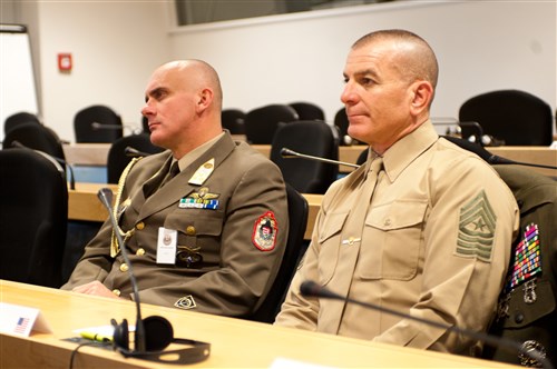 Senior Enlisted Advisor to the Chairman of the Joint Chiefs of Staff, Sgt. Maj. Bryan Battaglia (right), and Senior Enlisted Leader of the Hungarian Defense Force, Command Sgt. Maj. Istvan Kriston, listen to a briefing given at the 2012 International Senior Enlisted Seminar (ISES), Sept. 6. Held at the George C. Marshall European Center for International Studies in Garmisch, Germany, ISES is the flagship professional development event for NATO, Partnership for Peace and key contact nation senior enlisted leaders, helping to prepare them for increasingly complex and challenging multinational environments, while continuing the development of a professional NCO Corps in NATO and partnered countries.