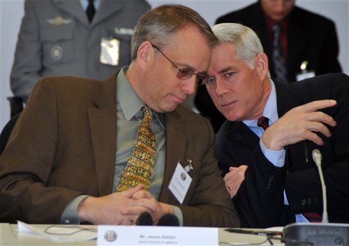 James Dehart, director, office for Afghanistan at the U.S. Department of State, listens to Dr. James MacDougall, deputy director of the George C. Marshall European Center for Security Studies, during the "Afghanistan and regional Security: Current Trends and Future Challenges" conference March 13-15. Deharth served as one of two keynote speakers for the event.