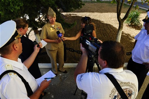 SEVASTOPOL, Ukraine - U.S. Naval Forces Europe-Africa Fleet Master Chief JoAnn Ortloff speaks to Ukrainian media during a tour of the Ukrainian naval academy. During the visit, Ortloff briefed senior Ukrainian enlisted leadership on career and personnel management, met with Ukrainian sailors and toured the command and control ship Slavutich.