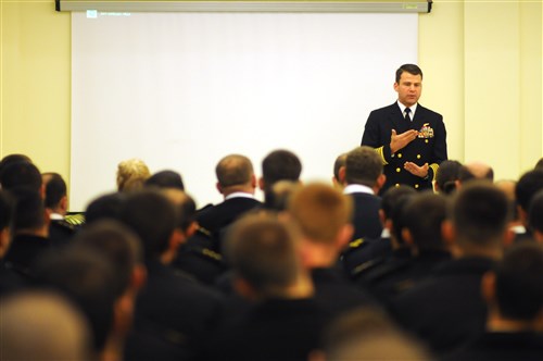 SOUDA BAY, Greece - Capt. Rod Dewalt speaks with 80 multinational members of Eurasia Partnership Capstone 2012
(EPC 12) during the kick-off reception. Annually hosted by the U.S. Navy, EPC aims to increase maritime safety and security through workshops and
seminars. Nations participating in EPC include Azerbaijan, Bulgaria,
Georgia, Greece, Romania, Ukraine and the United States. 