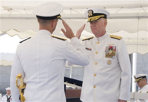 ISLE OF NISIDA, Naples, Italy (Sep. 2, 2010) - Rear Adm. James Foggo relieves Rear Adm. John Richardson as commander, Submarines, Allied Naval Forces South, and commander, Submarine Group Eight during a change of command ceremony at Maritime Component Command Naples. (U.S. Navy photo by Mass Communication Specialist 2nd(SW/AW) Stephen Oleksiak/Released) 
