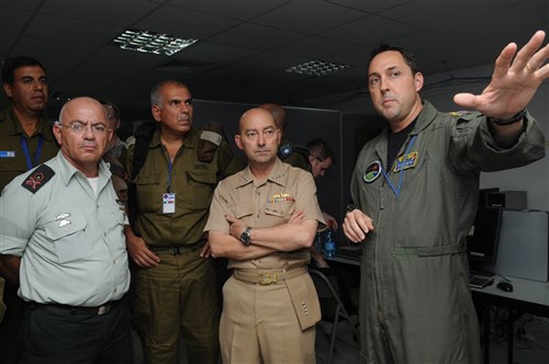 Admrial Stavridis, in Israel, recieving a brief during Austere Challenge 2012