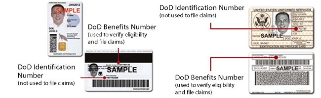 Sample ID Card and CAC (front and back of both) showing placement of the DoD Benefits Number (used to verify eligibility and file claims) and the DoD Identification Number (which replaced SSNs on the cards--not used to file claims). 