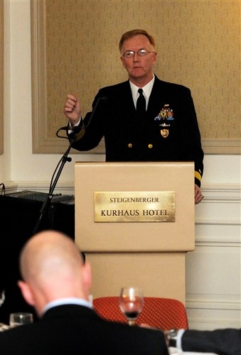 THE HAGUE, Netherland (Dec. 14, 2010) - Rear Adm. James Foggo, deputy commander, U.S. 6th Fleet, speaks to representatives from the European Law Enforcement Agency (EUROPOL), the Serious Organized Crime Agency (SOCA), the U.S. Naval Criminal Investigative Service (NCIS) and police investigators and analysts from 11 different countries during a workshop dedicated to the creation of a unified manual to use when investigating and prosecuting acts of maritime piracy. The workshop lasted two days and was a collaboration between EUROPOL, SOCA and the NCIS with a goal to finalize relevant issues regarding investigative standard manual and to make the manual available to the international law enforcement community. (U.S. Navy photo by Mass Communication Specialist 1st Class Gary Keen/RELEASED)