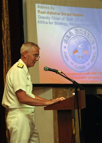 ODESSA, Ukraine ~~ Navy Rear Adm. Gerard P. Hueber, U.S. Naval Forces Europe-Africa director of policies, recources, and strategy, speaks at the opening ceremony for Exercise Sea Breeze 2010 in Odessa, Ukraine July 12. Sea Breeze is an invitational combined and joint maritime exercise in the Black Sea with the goals of enhancing Black Sea nation maritime security capabilities and improving Black Sea theater security cooperation strategies. Sea Breeze is the largest exercise this year in the Black Sea including 20 ships, 13 aircraft and more than 1,600 military members from Azerbaijan, Austria, Belgium, Denmark, Georgia, Germany, Greece, Moldova,
Sweden, Turkey, Ukraine and the United States. (U.S. Navy photo by Mass Communication Specialist 1st Class (SW) Gary Keen)