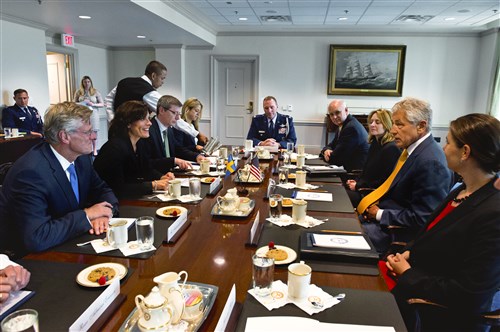 U.S. Defense Secretary Chuck Hagel meets with Swedish Defense Minister Karin Enström at the Pentagon, June 26, 2013. The leaders discussed issues of mutual interest and concern. 