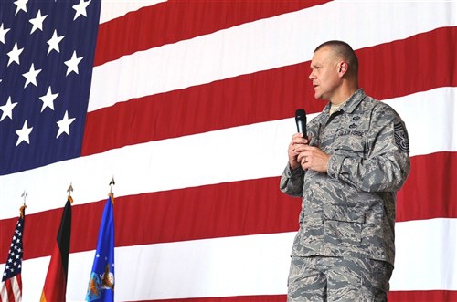 RAMSTEIN AIR BASE, Germany &mdash; Chief Master Sgt. of the Air Force James A. Roy speaks to airmen during an enlisted call at Ramstein Air Base, Germany, July 7. The purpose of Roy&#39;s visit is to meet airmen in Germany. Roy visited several squadrons on Ramstein to include the 603rd Air Operations Center, 435th Contingency Response Group and Landstuhl Regional Medical Center. (U.S. Air Force photo by Airman 1st Class Grovert Fuentes-Contreras)