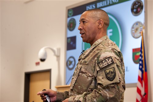 Command Sgt. Maj. Thomas Capel, ISAF senior enlisted leader, briefs the assembled senior enlisted leadership at the 2012 International Senior Enlisted Seminar, on the status and mission of ISAF Forces, Sept. 7. Bringing together 32 nations at the George C. Marshall European Center for International Studies in Garmisch, Germany, ISES is the flagship professional development event for NATO, Partnership for Peace and key contact nation senior enlisted leaders, helping to prepare them for increasingly complex and challenging multinational environments, while continuing the development of a professional Noncommissioned Officer Corps in NATO and partnered countries.